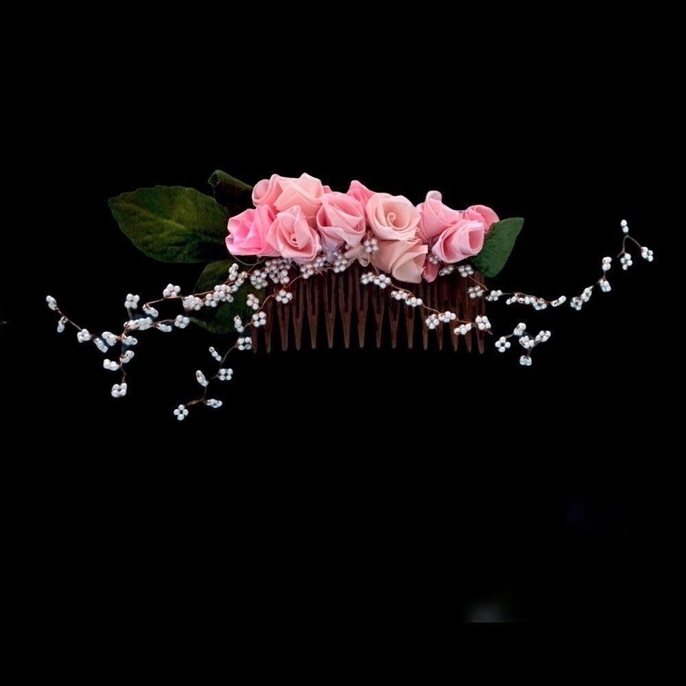 Vintage hand made pink silk ROSES and pearl hair facinator comb-party bridal